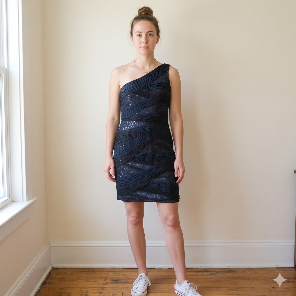 Tadashi Shoji Women Dress 10 Navy Blue Silk Sequin Pleated One Shoulder Cocktail